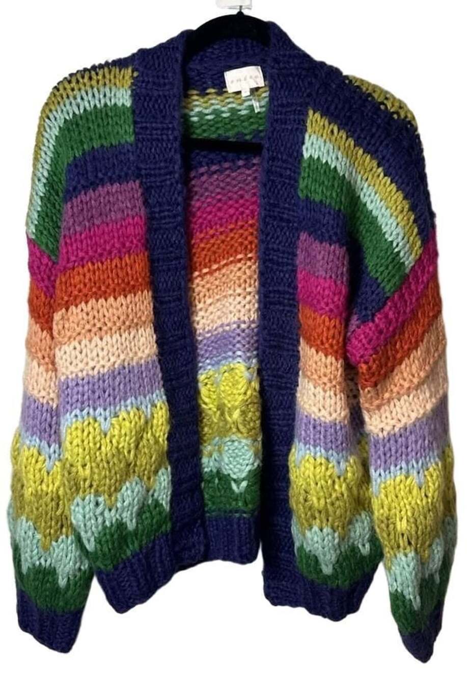 Entro Chunky Knit Cardigan Size S Rainbow Stripe Open Front